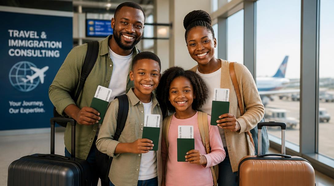 Family with luggage holding passports and boarding passes at an airport departure hall