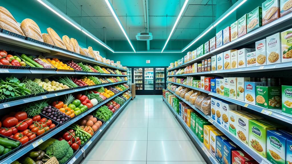Supermarket aisle stocked with fresh produce and packaged goods