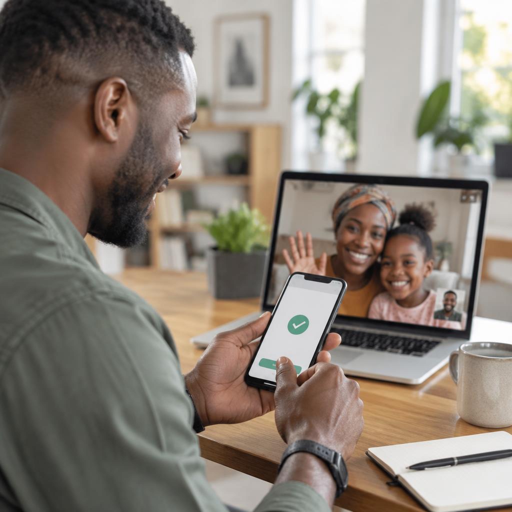 A man completing a money transfer by phone while speaking with family abroad